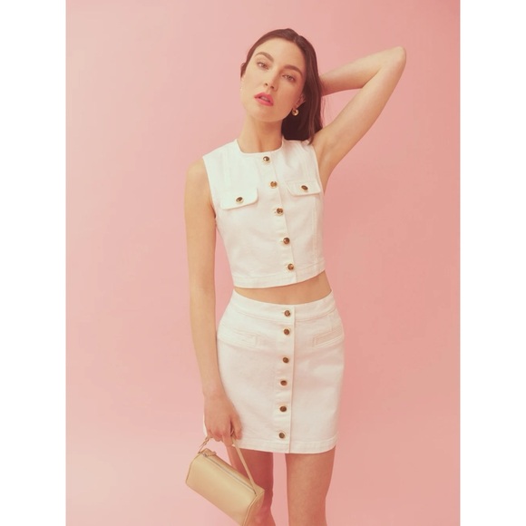 Reformation Jeans Cher Denim 2 Piece Set Skirt Vest Top White Sz 12 - Picture 1 of 13